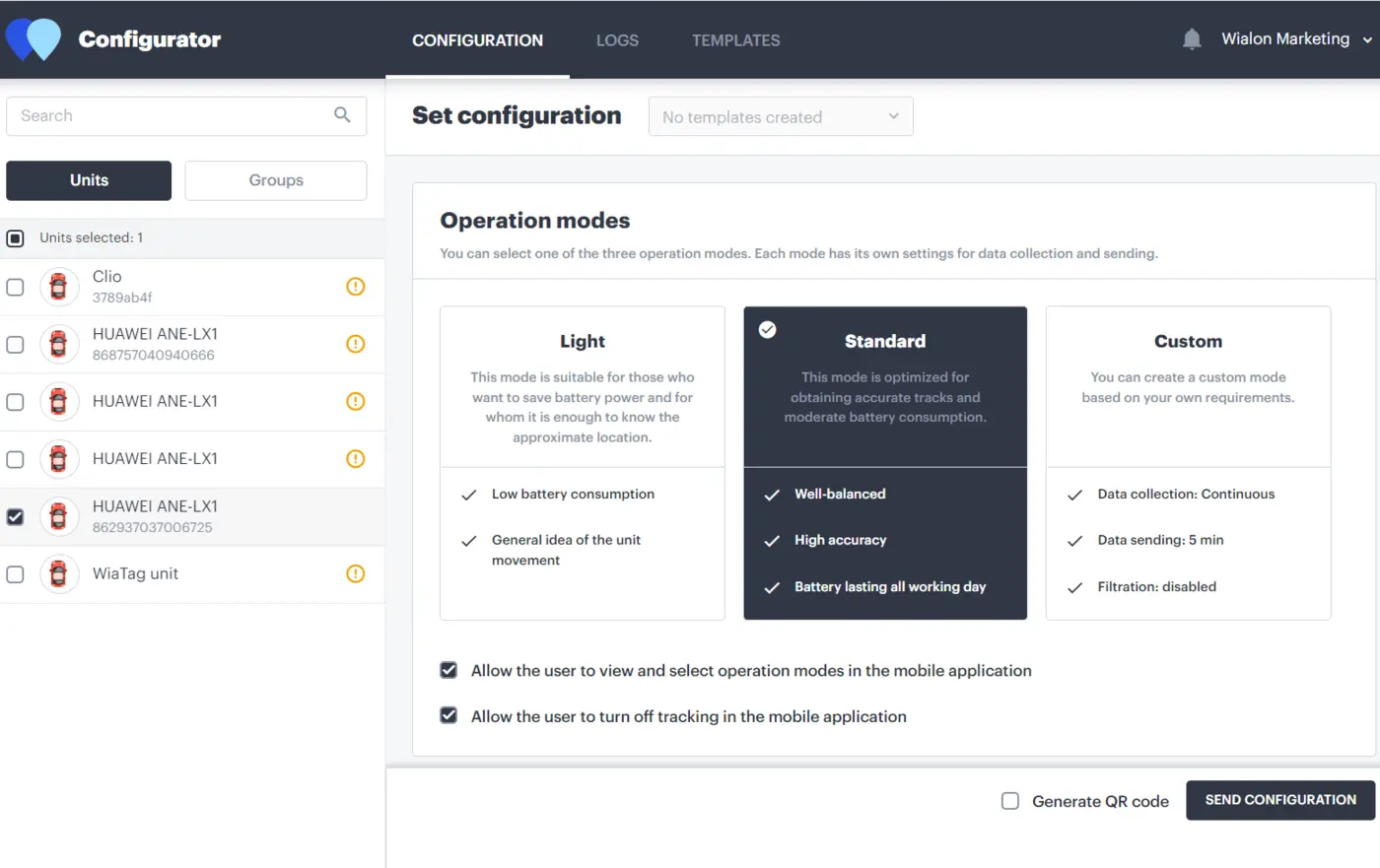 Configurator · Tilpas indsamling og afsendelse af data