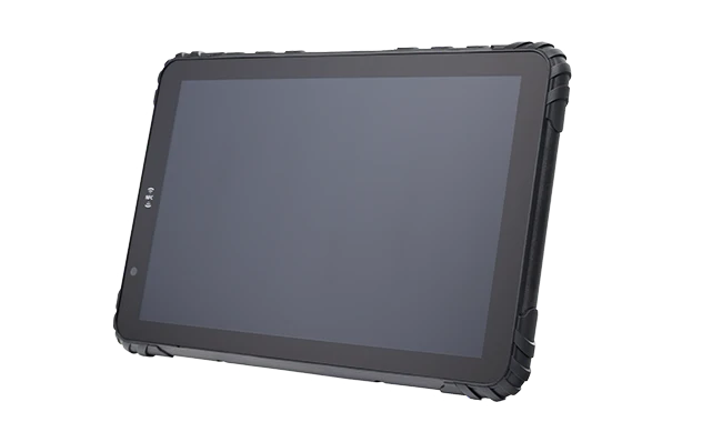 Detailed view of MDT865 rugged tablet I/O ports including USB, RS232, and power connectors for data and charging.