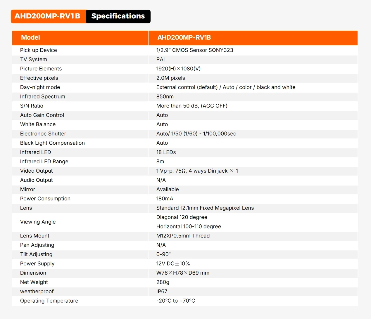 AHD200MP-RV1B Specifications