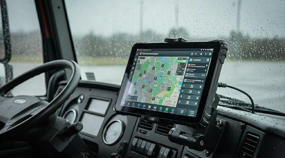 Rugged android tablet MDT880 showing real-time last mile delivery tracking software for logistics management.