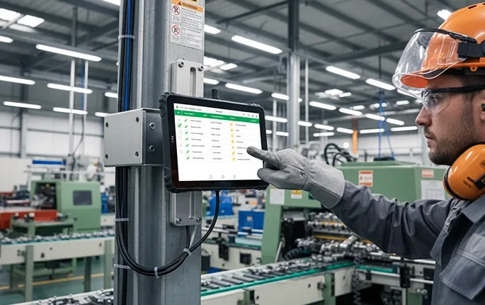 Industrial rugged tablet for manufacturing operations - production line monitoring and quality control in factory environment