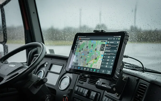 Rugged tablet installed in truck cabin with anti-vibration mount and IP67 waterproof rating for harsh vehicle environments