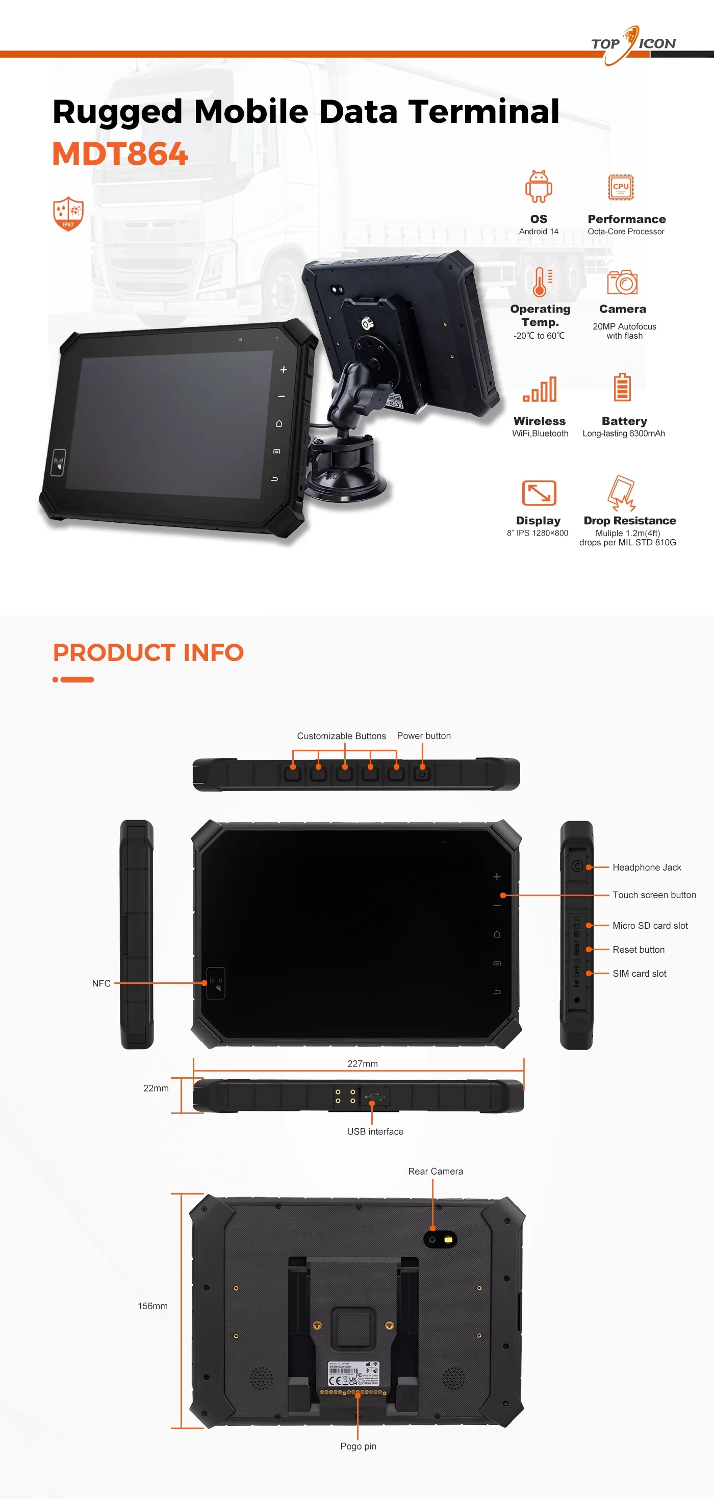 MDT864 8-inch Android rugged tablet front view with 20MP camera