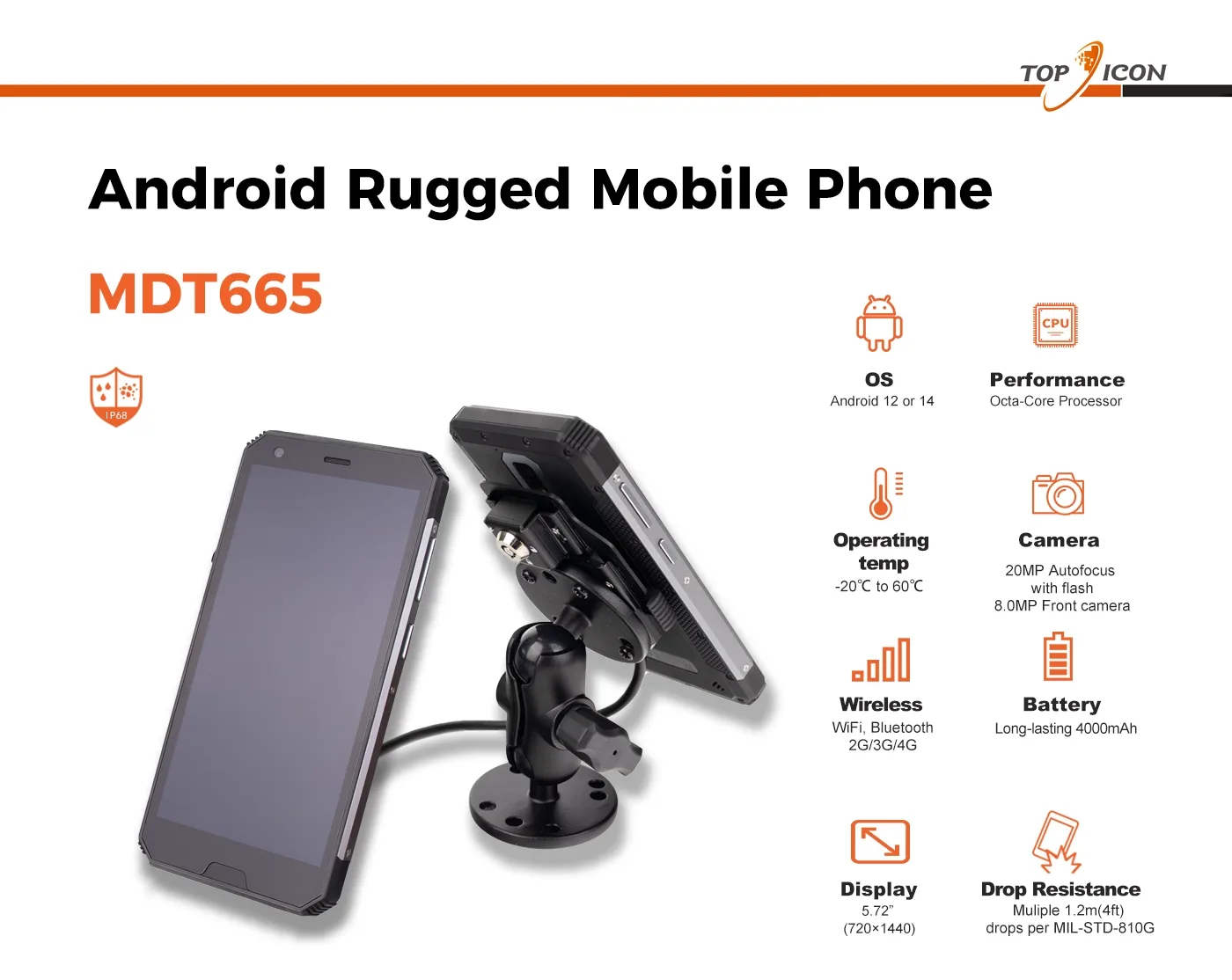 MDT665 5.72-inch rugged handheld terminal front view with 5MP camera and glove-friendly touchscreen