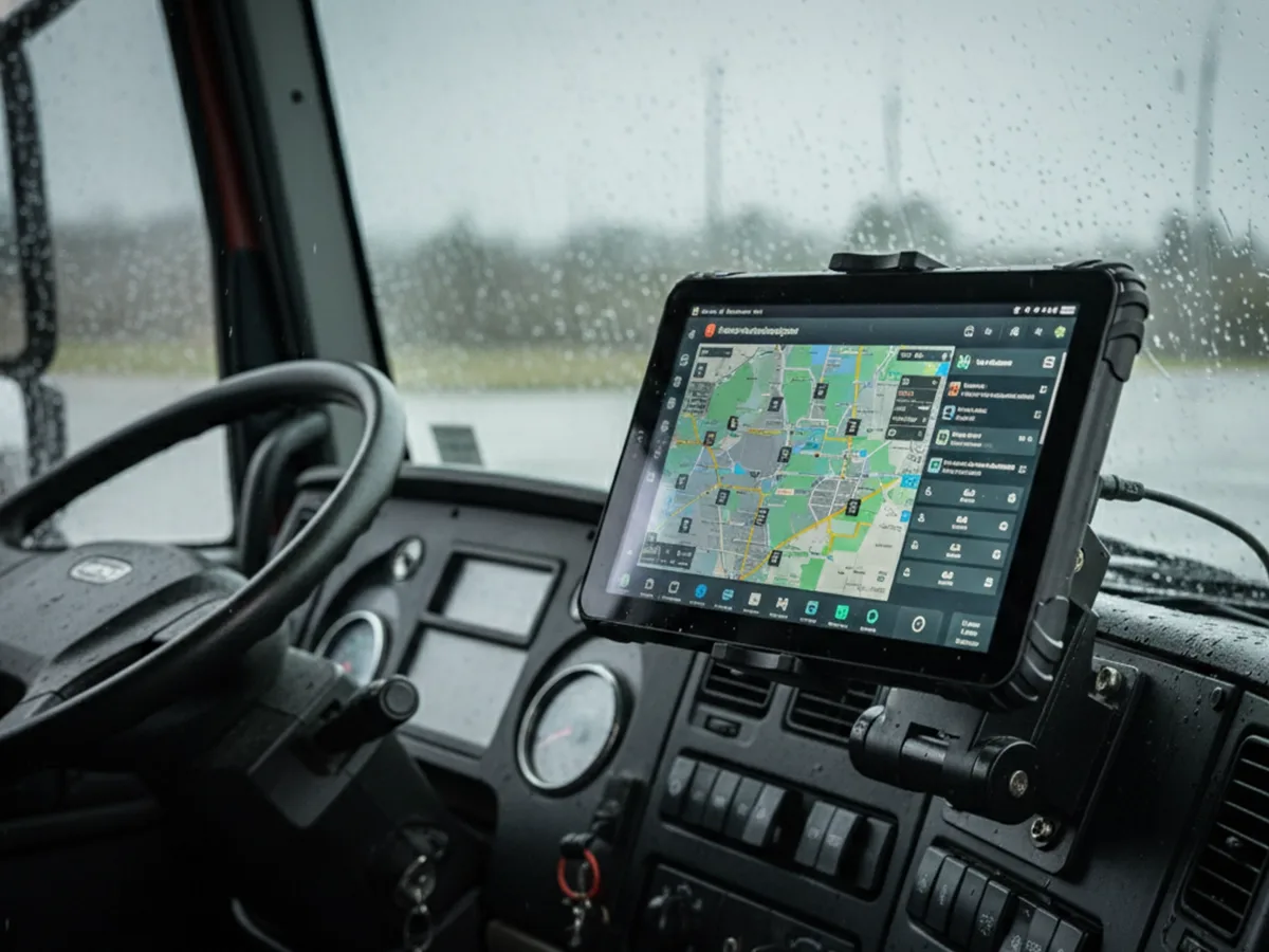 Rugged tablet mounted inside a truck for transportation fleet operations