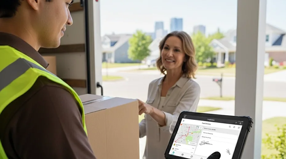 Delivery driver capturing digital signature and photo proof of delivery using a rugged mobile terminal MDT1065