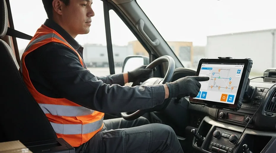 In-vehicle rugged tablet MDT865 displaying dynamic route optimization and GPS navigation with live traffic updates.