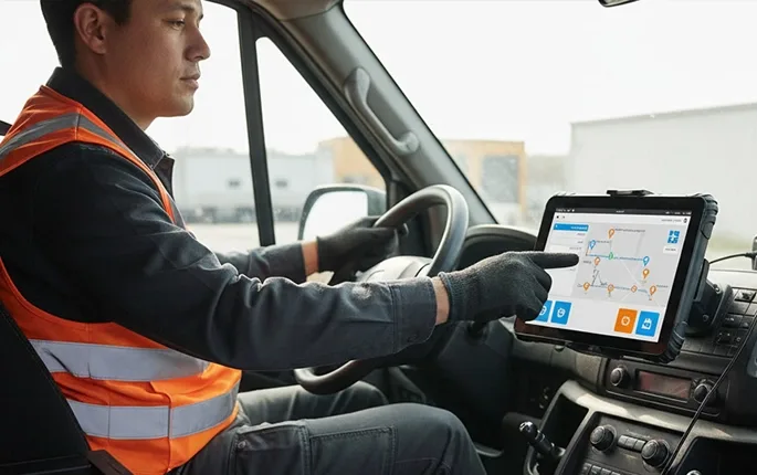 Dispatch communication system on vehicle mount tablet showing real-time messaging and job assignment interface