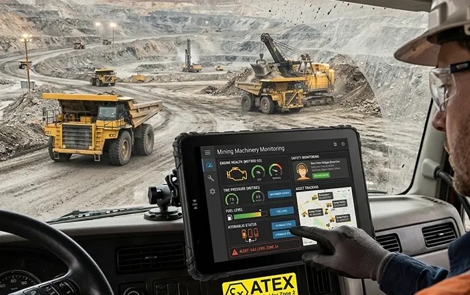 Rugged tablet for heavy equipment - telematics, maintenance, and operator HMI for construction and mining machinery