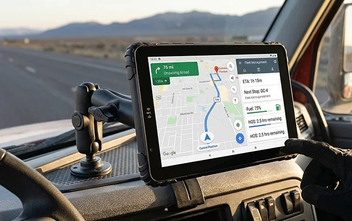 Last-mile delivery van with quick-release vehicle mount tablet for POD capture and navigation
