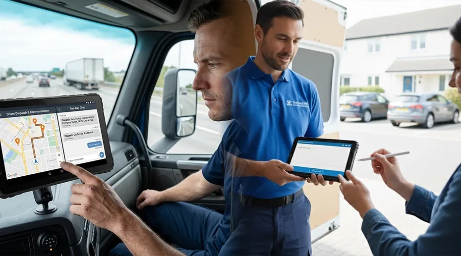 Delivery driver undocking a slim 17mm rugged tablet from vehicle mount for parcel scanning